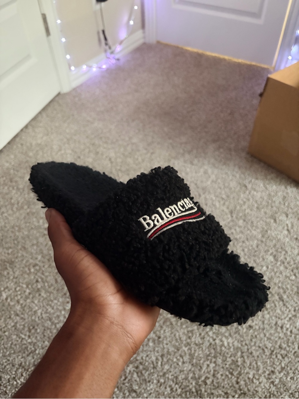 Balenciaga Black Sherpa Slide with White & Red Logo
